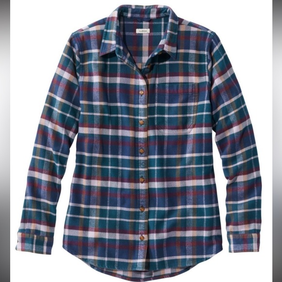 L.L. Bean Organic Cotton Plaid Flannel Shirt Small Women’s Blue Green purple EUC - Picture 2 of 13